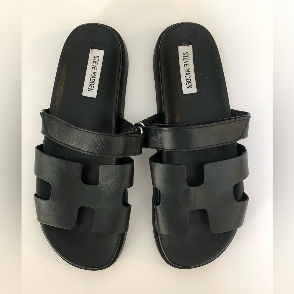 Steve Madden Mayven Black Leather Slides Size 10